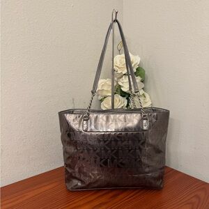 Michael Kors Metallic Gunmetal MK Logo Tote